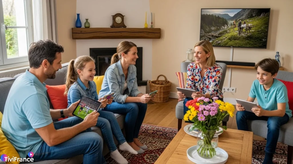 Famille profitant des avantages de l’IPTV sur plusieurs appareils connectés à Internet.