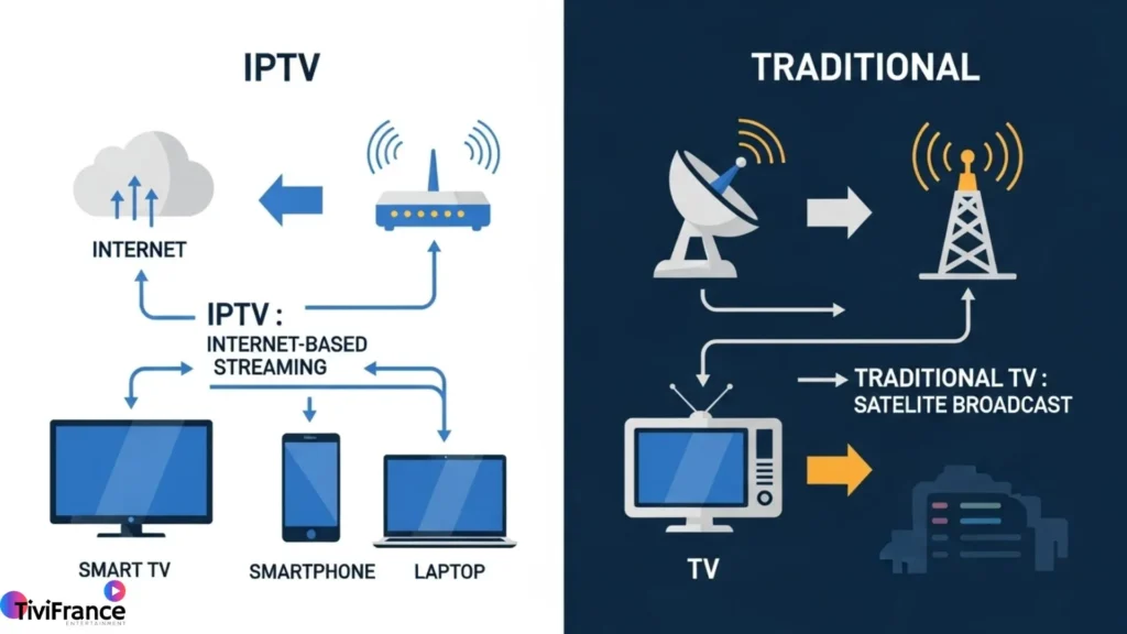 Schéma expliquant c’est quoi l’IPTV et comment elle se distingue de la télévision traditionnelle.