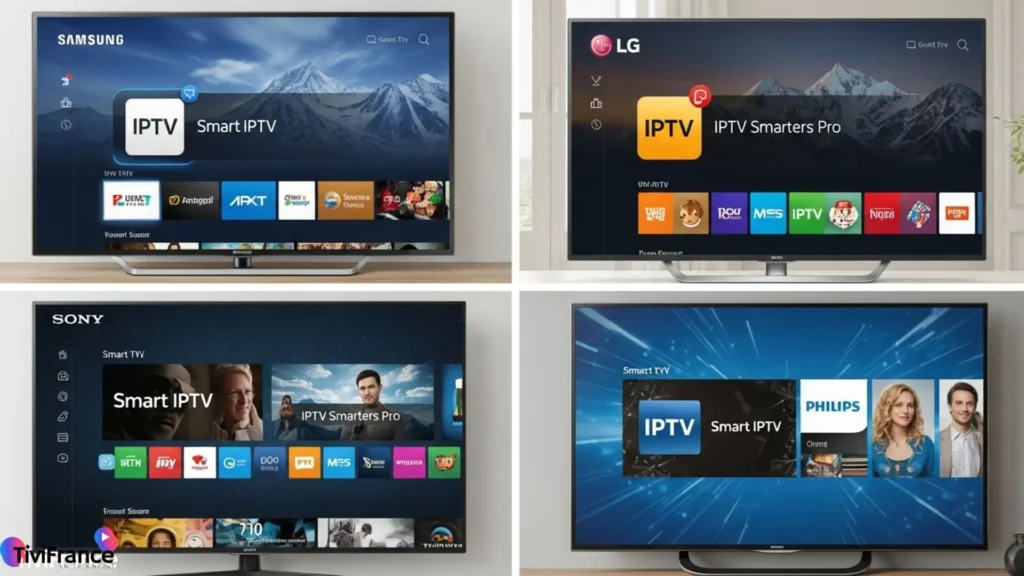 Exemples de Smart TV compatibles avec IPTV sur Smart TV et applications populaires.