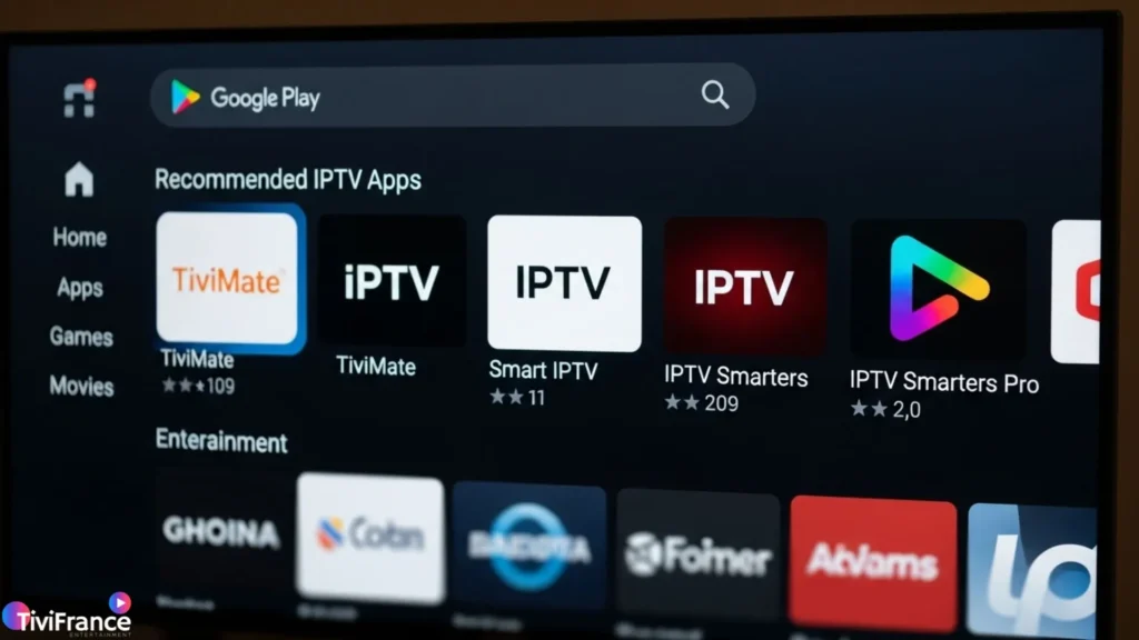 Applications IPTV Android TV disponibles sur le Google Play Store comme TiviMate et IPTV Smarters