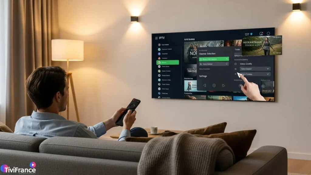 Utilisateur configurant IPTV Android TV sur son téléviseur pour une expérience fluide et sécurisée