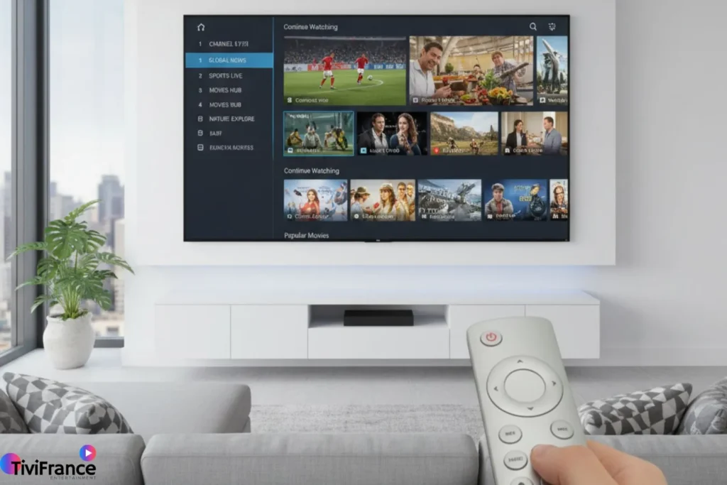 Interface IPTV Android TV affichant plusieurs chaînes en direct et à la demande