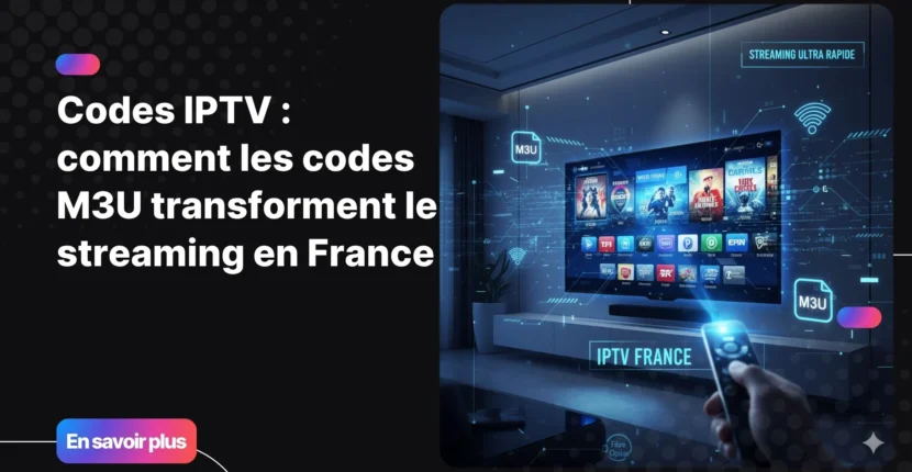 Codes IPTV : illustration d’un salon moderne avec une Smart TV diffusant du contenu via un abonnement IPTV France.
