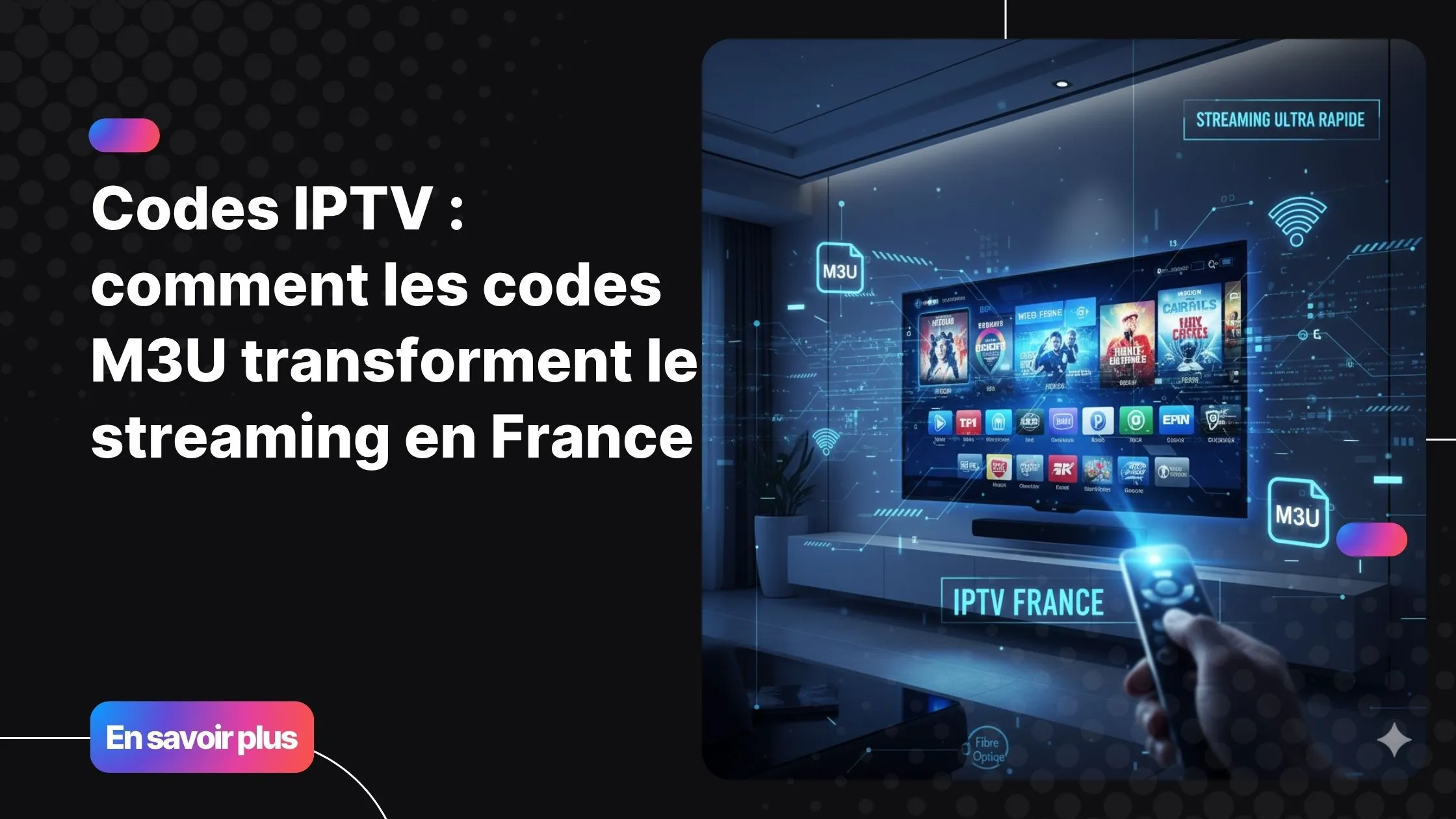Codes IPTV : illustration d’un salon moderne avec une Smart TV diffusant du contenu via un abonnement IPTV France.