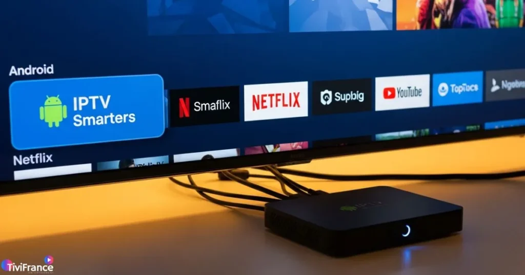 boitier Android IPTV connecté à une TV 4K affichant une interface d’applications