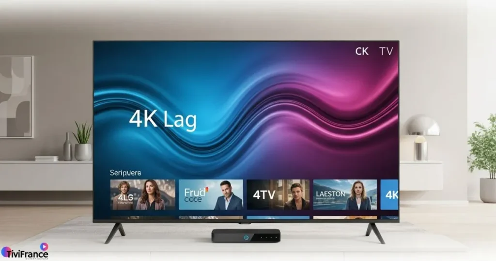 Smart TV connectée à un boîtier IPTV 4K affichant des chaînes haute définition.