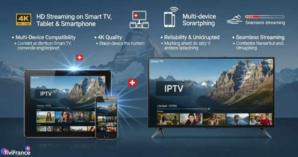 Schéma montrant les avantages de l’[IPTV en suisse] sur plusieurs appareils avec streaming HD et fiable.