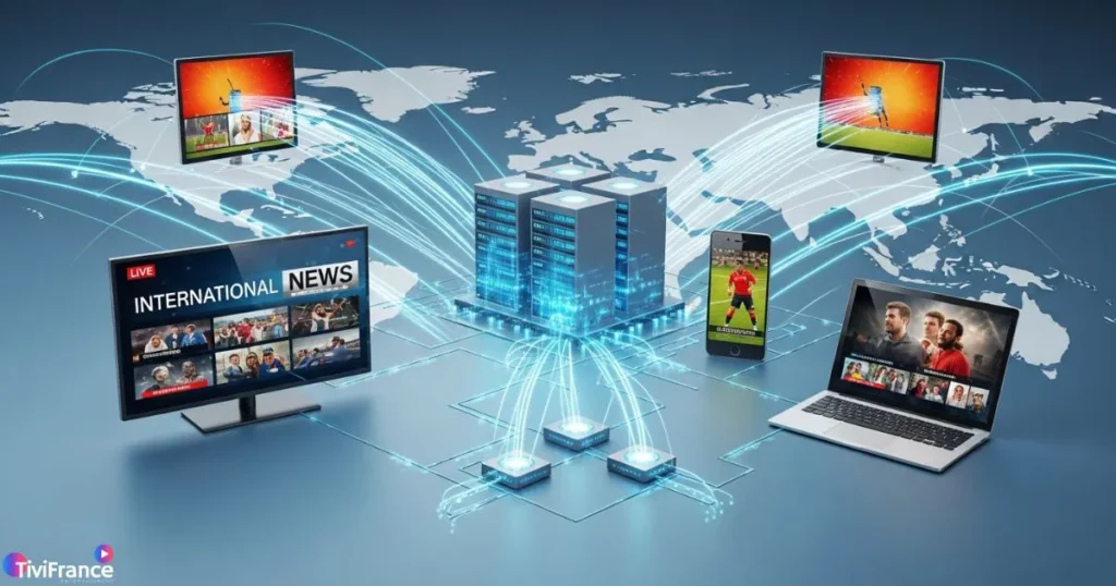 Schéma illustrant le fonctionnement d’un service IPTV stable et fiable à travers plusieurs appareils connectés.