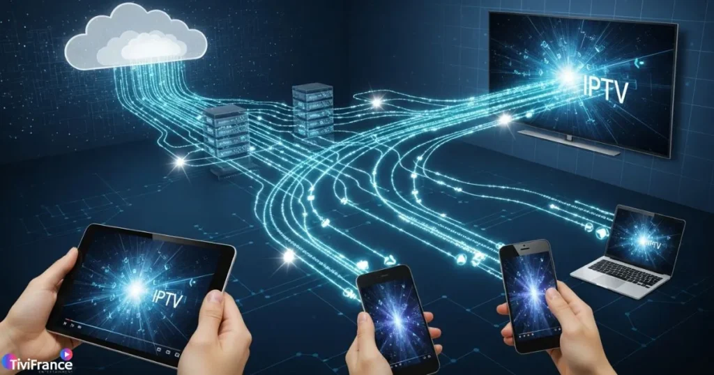 Illustration de la technologie IPTV utilisée par l’abonnement IPTV Platinum pour offrir une qualité d’image fluide et stable.