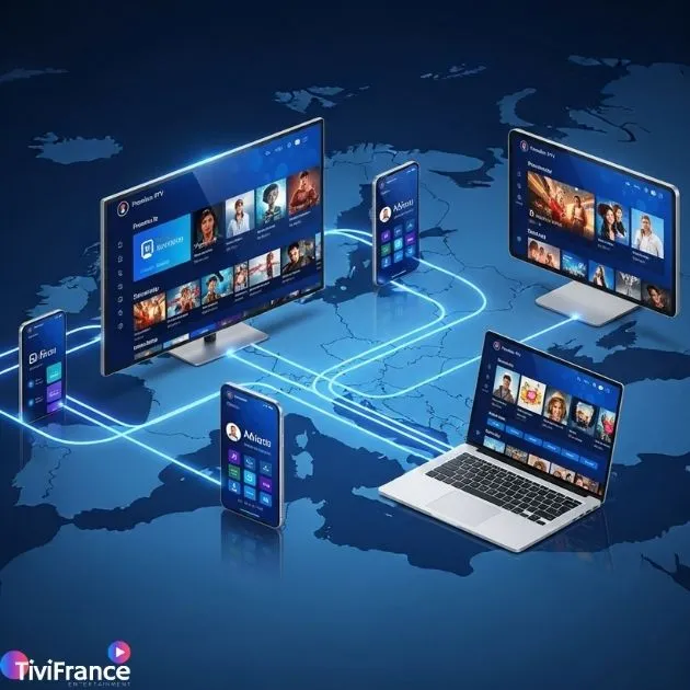 Plateforme iptv europe affichée sur plusieurs appareils connectés.