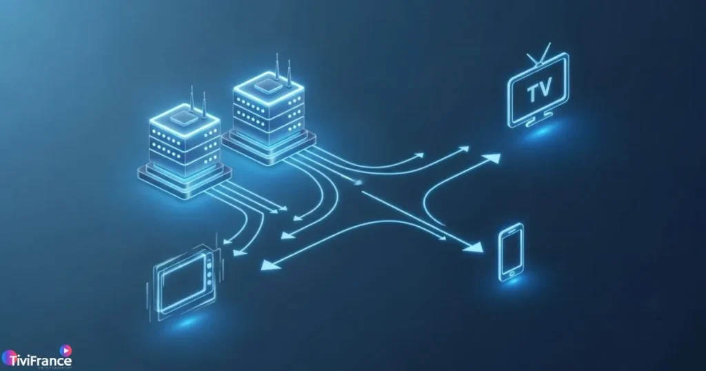 Schéma simple expliquant le fonctionnement d’une playlist m3u iptv et de ses flux.