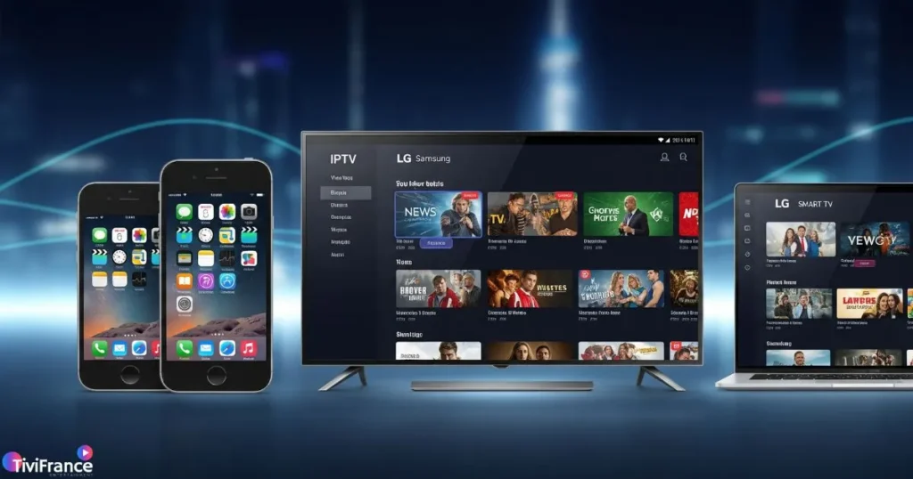 Différents appareils utilisant une meilleur application IPTV, incluant Android, iOS et Smart TV.