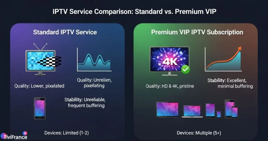 Comparaison visuelle entre IPTV standard et IPTV VIP premium mettant en avant la qualité et les fonctionnalités.