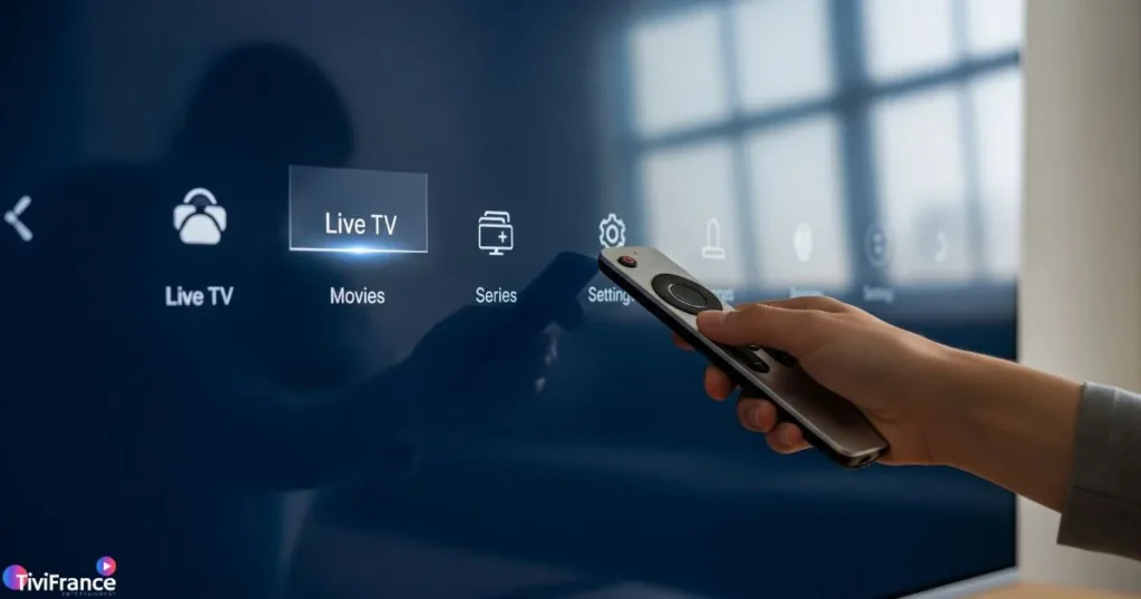 Interface TV représentant l’utilisation d’un abonnement IPTV Smarters Pro avec une navigation simple et intuitive.