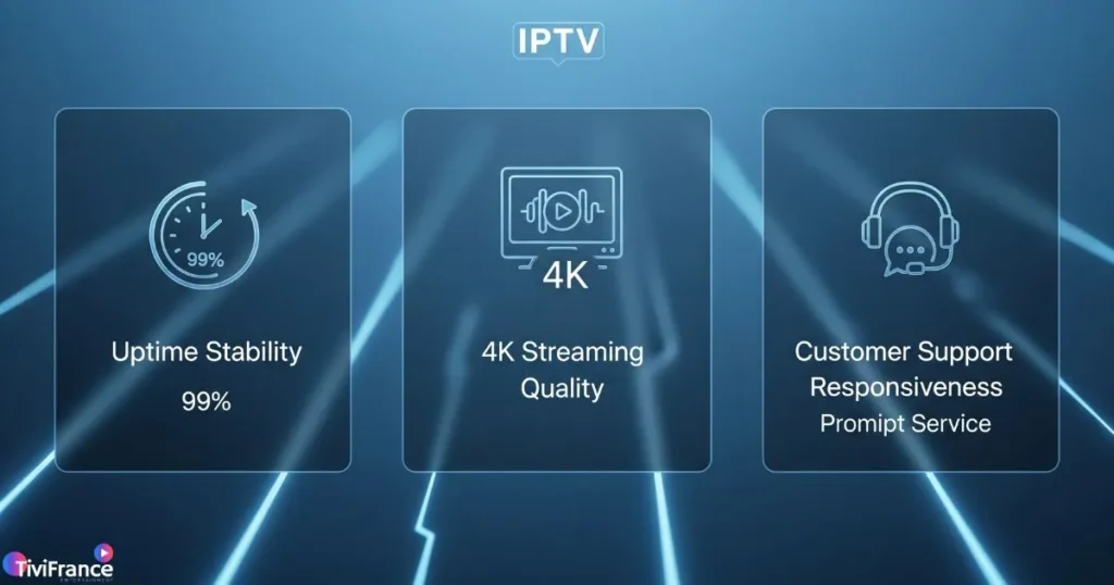 Visuel comparatif présentant les critères d’un abonnement IPTV Smarters Pro fiable, incluant stabilité et qualité 4K.