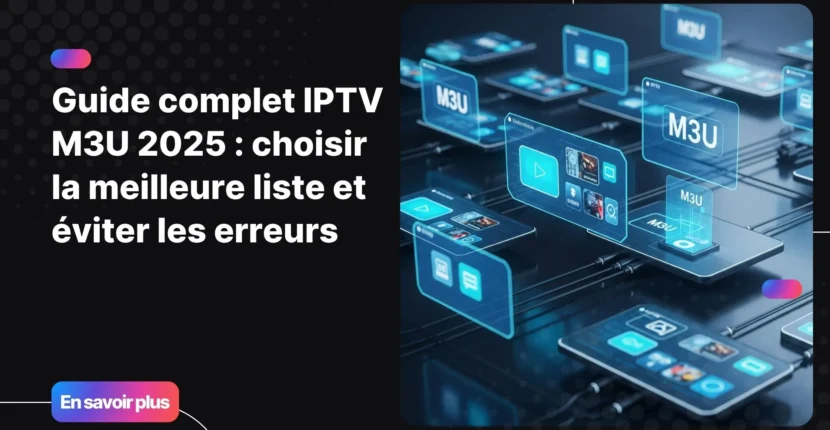Illustration futuriste représentant l’univers iptv m3u 2025 avec des interfaces holographiques.