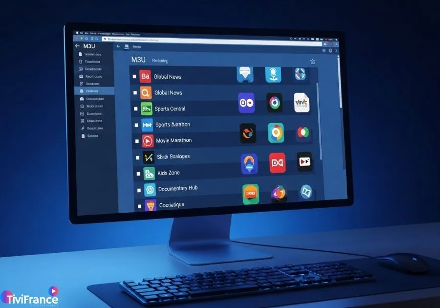 Interface IPTV illustrant un lien M3U utilisé pour accéder aux chaînes en streaming.