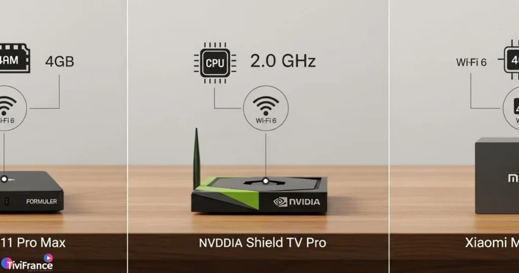 Comparatif visuel de plusieurs boitiers IPTV 4K mettant en avant les critères techniques importants