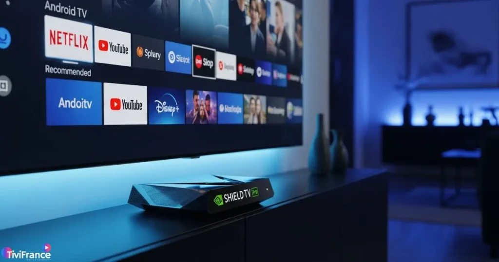 Boîtier IPTV NVIDIA Shield TV Pro connecté à une Android TV pour streaming fluide.