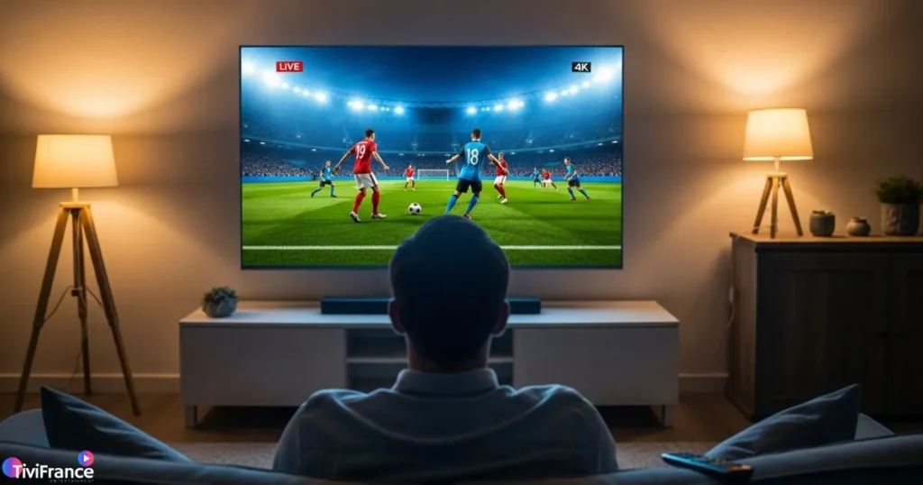 Utilisateur profitant d’un abonnement IPTV fiable sans coupure sur une Smart TV 4K.