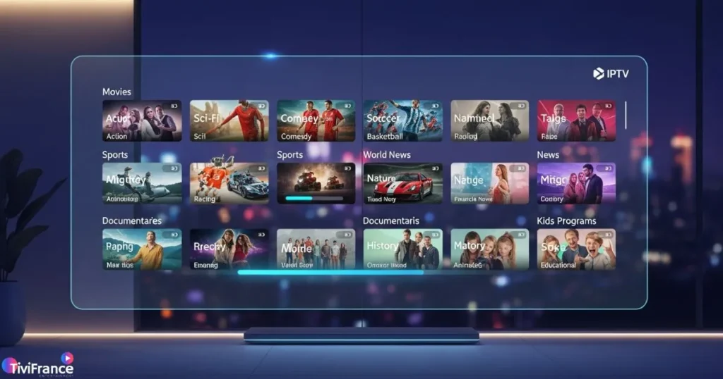Bibliothèque de contenus variés disponible avec un abonnement iptv france abonnement comprenant chaînes et VOD.