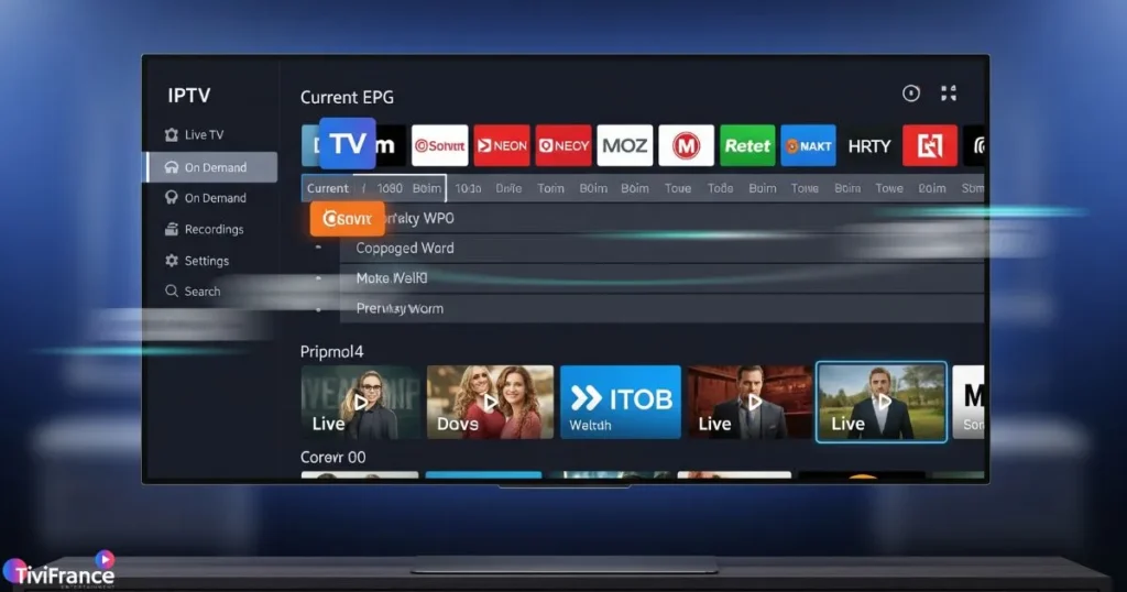 Interface d’une meilleur application IPTV avec guide des programmes clair et fonctionnalités avancées.