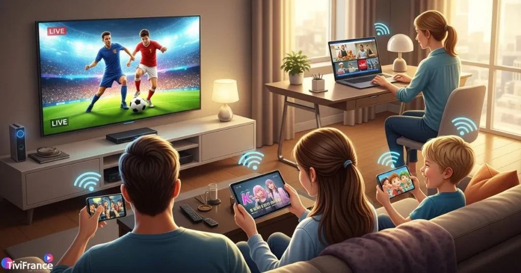 Une famille utilisant IPTV multi appareils avec plusieurs écrans affichant différents contenus premium.