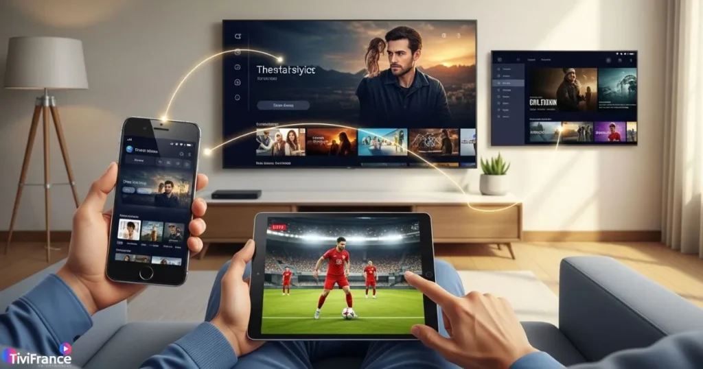 Utilisateur profitant de l’IPTV multi-appareils avec TiviFrance sur smartphone, tablette et Smart TV