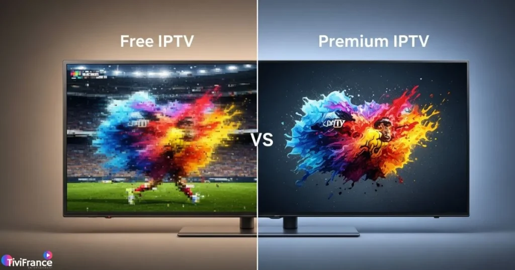 Comparaison visuelle entre IPTV gratuit instable et abonnement IPTV premium fluide.