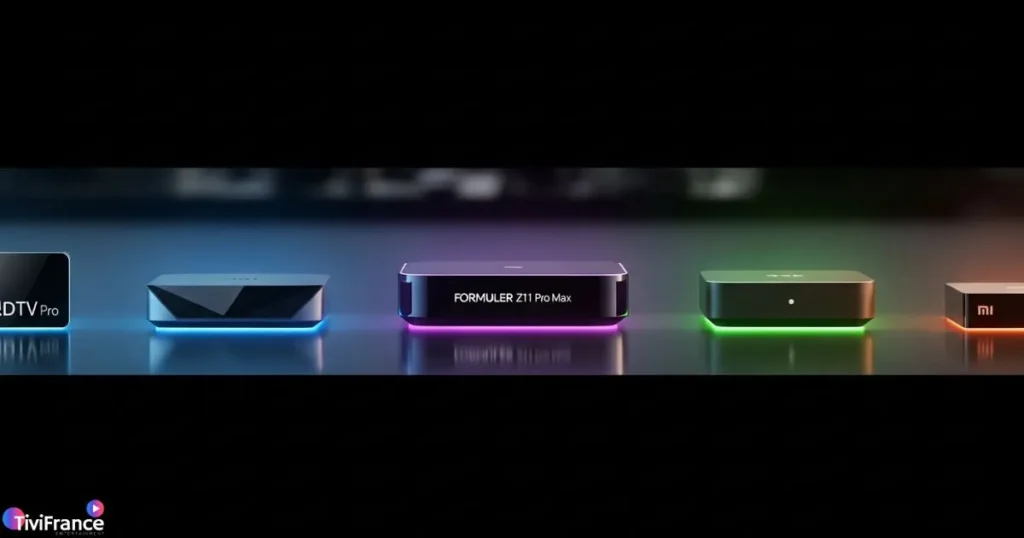 Présentation des meilleurs boitiers Android IPTV de 2025 sur une surface moderne