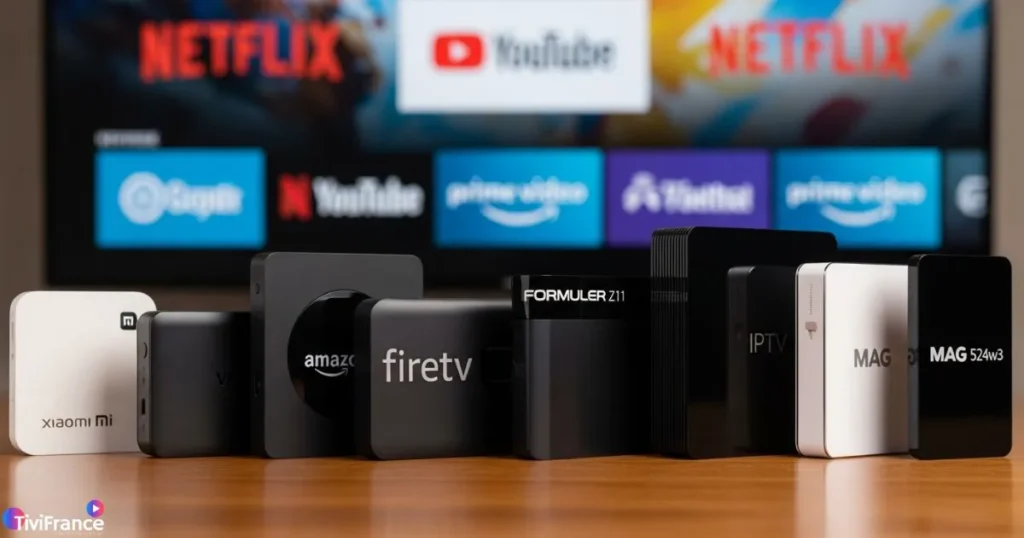 Comparatif visuel des meilleurs boîtiers IPTV 2025 compatibles Android TV et Smart TV IPTV.