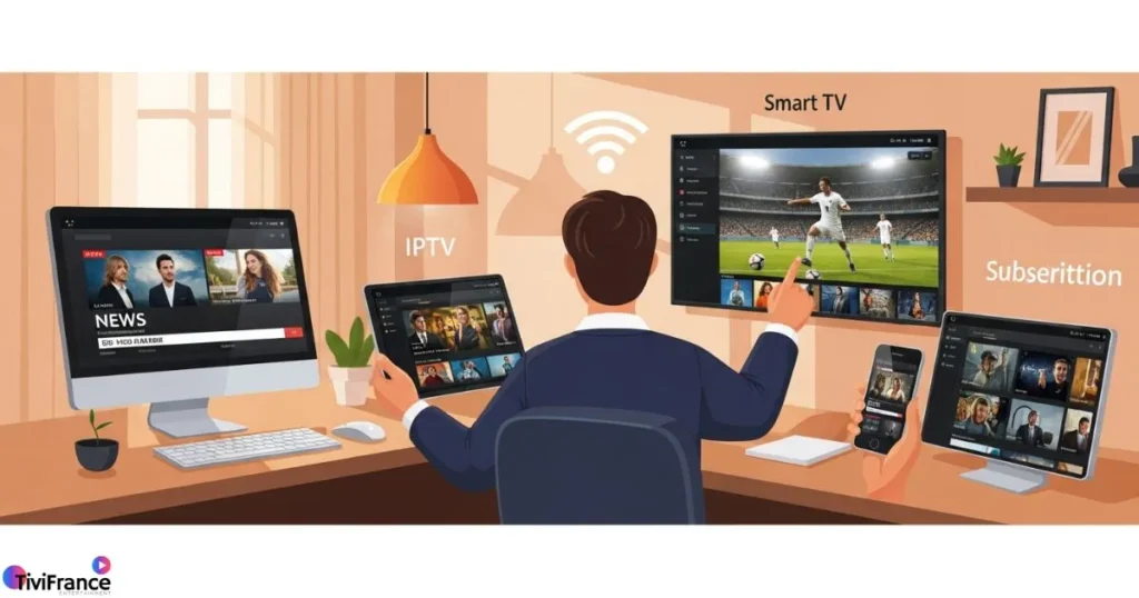 Image montrant la configuration d’un [IPTV multi-appareils] sur TV, tablette et smartphone.