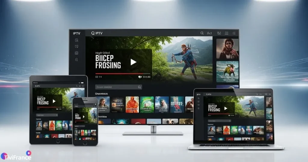 Exemple d’un abonnement IPTV fiable fonctionnant sur plusieurs appareils simultanément : TV, tablette, smartphone et PC.