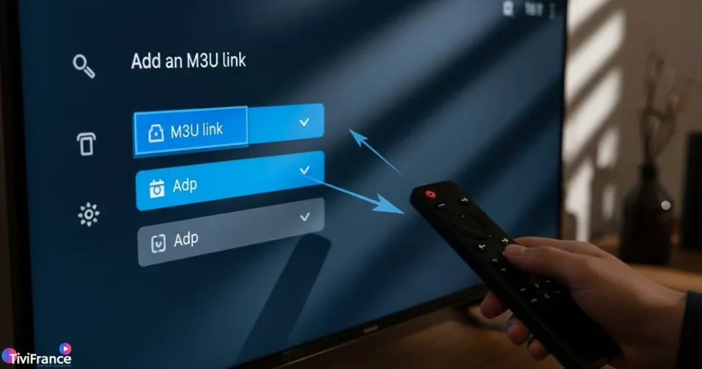 Illustration montrant l’ajout d’une liste m3u 2025 sur une Smart TV.
