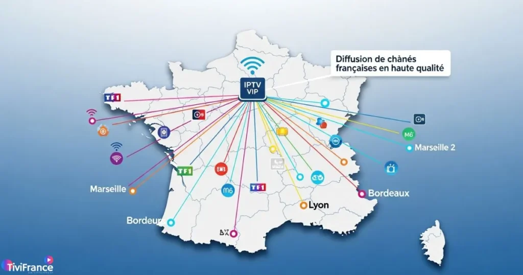 Carte de la France montrant la diffusion des chaînes IPTV VIP et la qualité du service IPTV France.