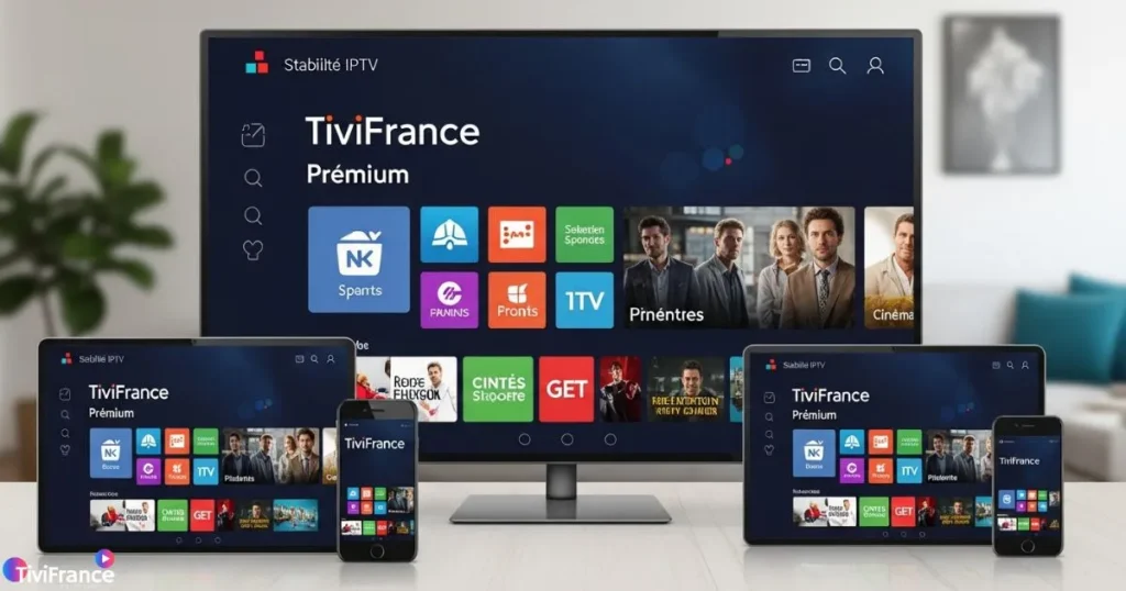Interface TiviFrance IPTV French premium sur plusieurs écrans avec streaming HD et contenu varié