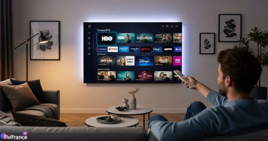 Utilisateur configurant une application IPTV premium sur Smart TV pour profiter d’un lien IPTV stable.