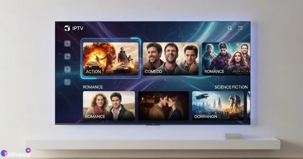 Menu d’IPTV affichant une sélection de films sur IPTV pour profiter d’une expérience cinéma à la maison.