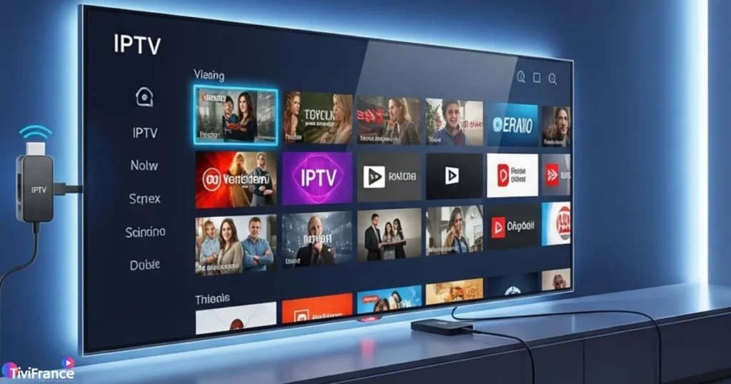 Vue panoramique d’une clé IPTV connectée à un écran TV avec chaînes en streaming, symbole de l’abonnement clé IPTV.