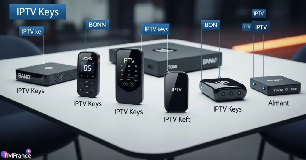 Comparatif visuel de plusieurs clés IPTV 2025 et boîtiers, illustrant les meilleures options pour un abonnement clé IPTV.