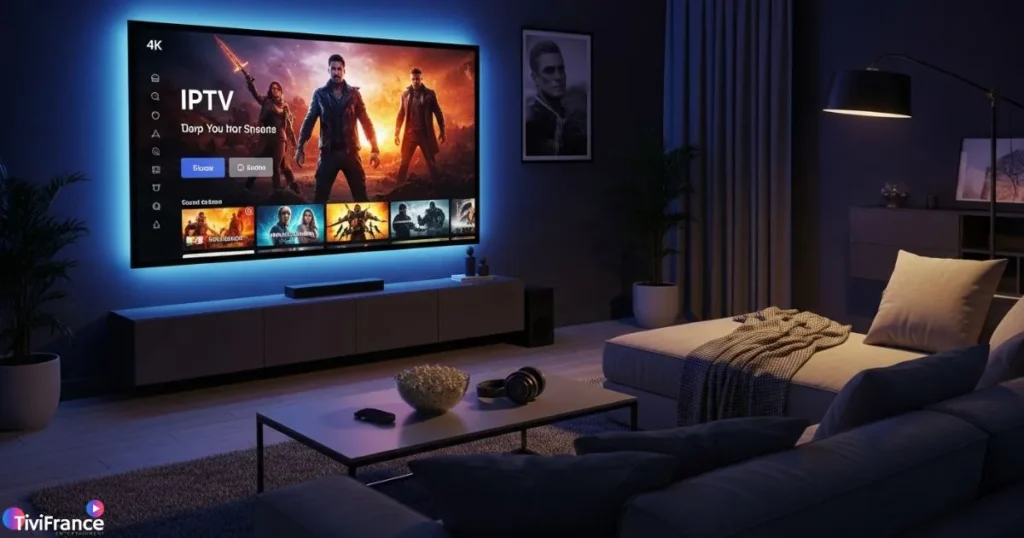 Salon moderne avec écran 4K affichant un film sur IPTV, lumière tamisée, popcorn sur la table, casque audio et confort maximal pour une expérience cinéma immersive à domicile. Style réaliste