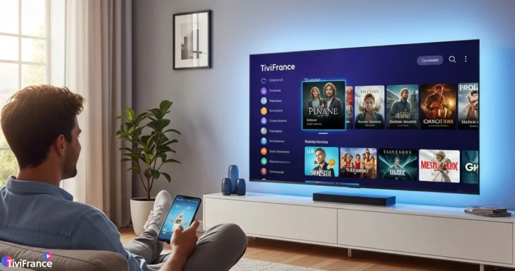 Utilisateur regardant la télévision via TiviFrance avec une clé IPTV France, illustrant l’abonnement et la période d’essai gratuite.