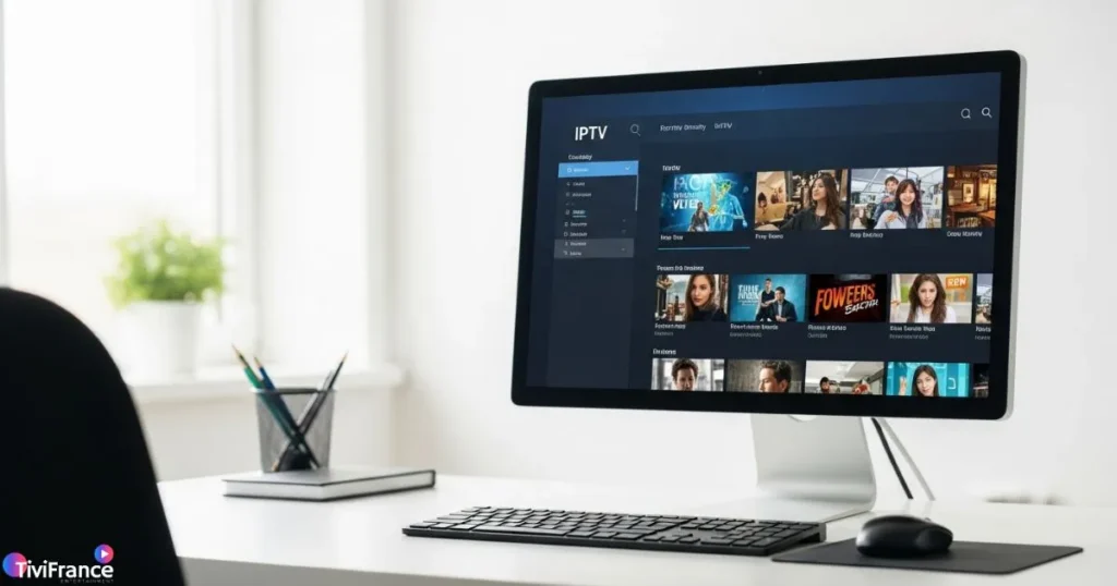 Utilisateur regardant iptv pc sans boitier sur un grand écran de bureau