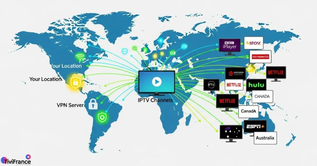 Illustration montrant comment utiliser un VPN pour IPTV afin de contourner les géorestrictions et sécuriser le streaming.