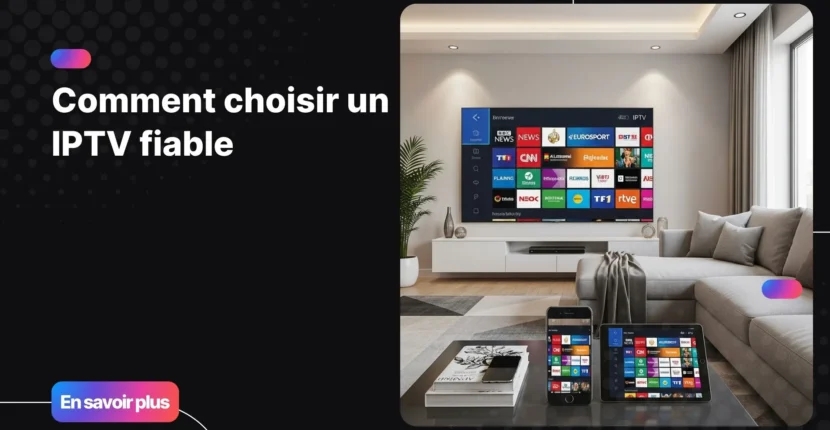 Salon moderne utilisant un service IPTV fiable et compatible multi-appareils sur téléviseur, tablette et smartphone.