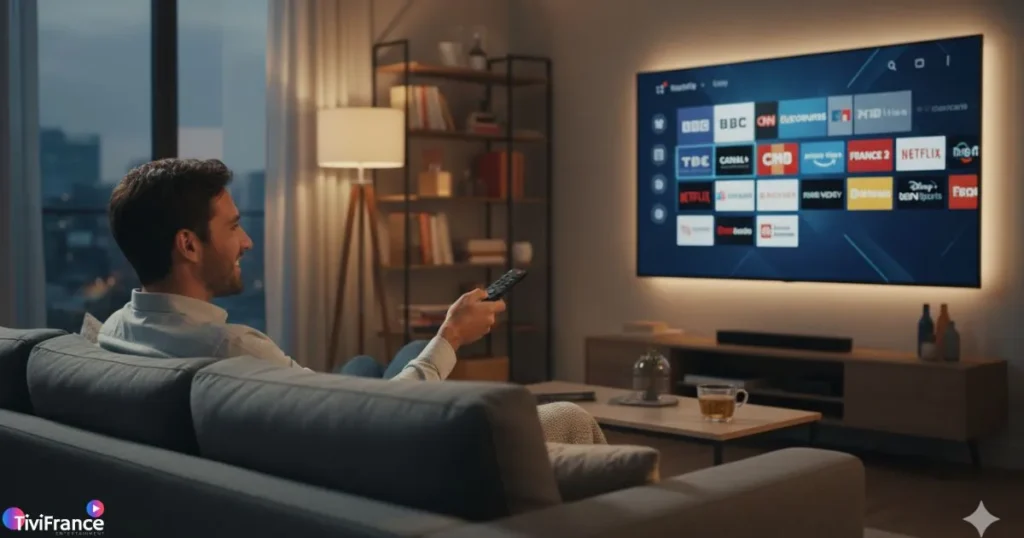 Utilisateur profitant d’un abonnement IPTV France pour accéder à plusieurs chaînes et plateformes de streaming.