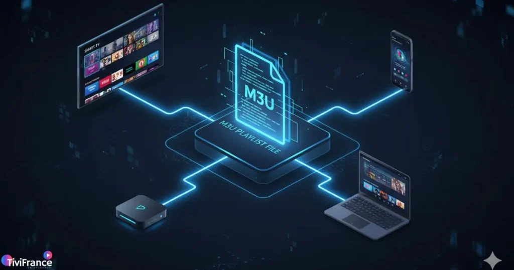 Schéma explicatif d’un code M3U et de la diffusion de chaînes IPTV sur plusieurs appareils.