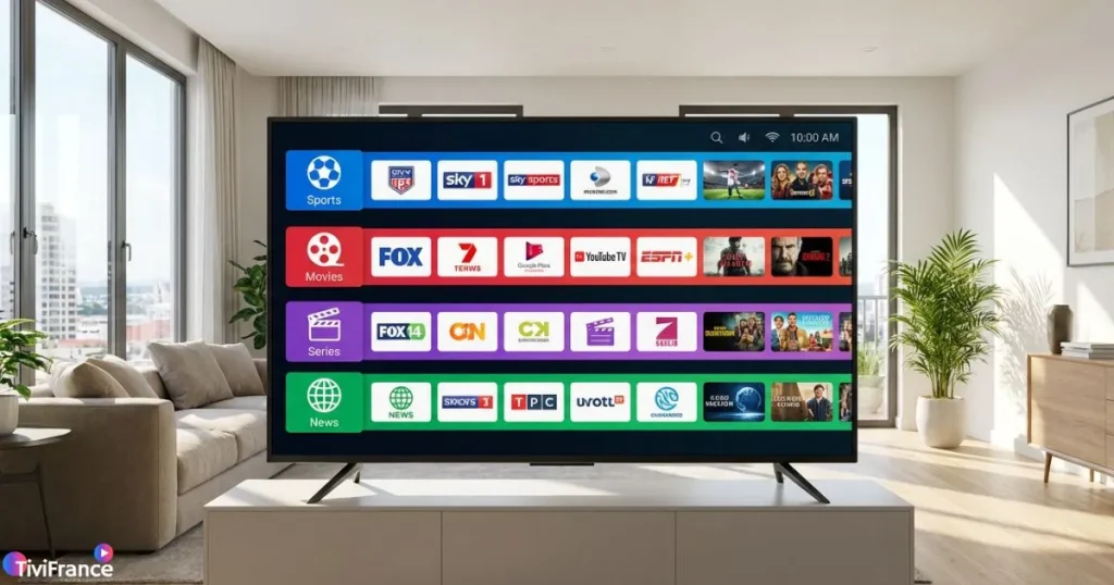 Interface IPTV Smart TV affichant différentes chaînes et catégories pour un abonnement IPTV 12 mois.