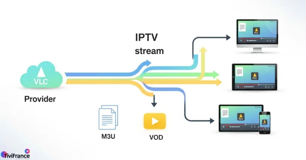 Schéma explicatif de IPTV avec VLC montrant la diffusion de flux M3U vers différents appareils.