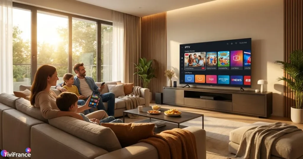 Famille utilisant une application iptv android sur Android TV et smartphone pour regarder des films et chaînes en direct